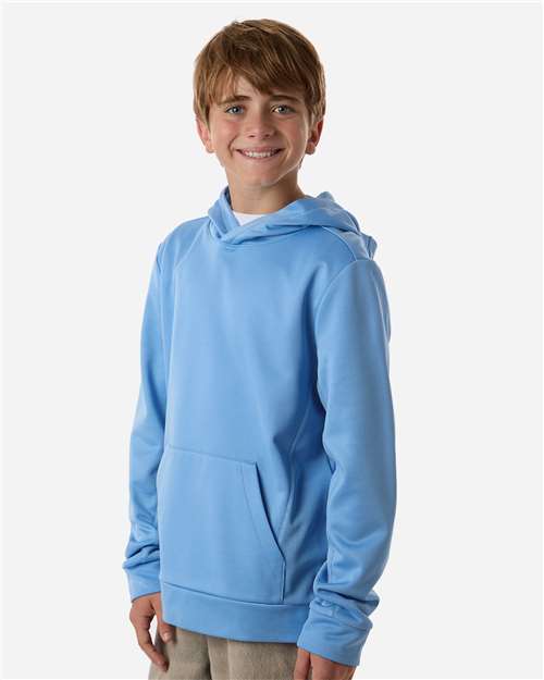 Sport Light Blue - Team 365 Squad Hooded Tech Fleece Pullover with Custom Logo Team 365 Youth Squad Hooded Tech Fleece Pullover in Sport Light Blue, side view on model