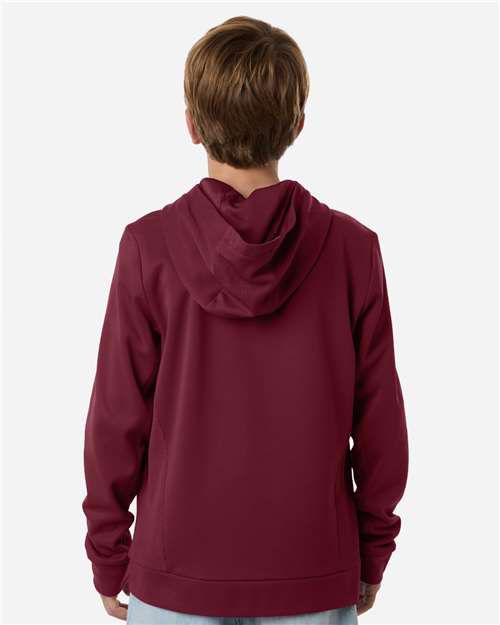Sport Maroon - Team 365 Squad Hooded Tech Fleece Pullover with Custom Logo Team 365 Youth Squad Hooded Tech Fleece Pullover in Sport Maroon, back view on model