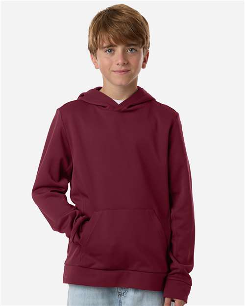 Sport Maroon - Team 365 Squad Hooded Tech Fleece Pullover with Custom Logo Team 365 Youth Squad Hooded Tech Fleece Pullover in Sport Maroon, front view on model