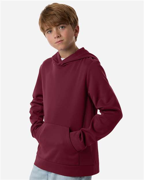 Sport Maroon - Team 365 Squad Hooded Tech Fleece Pullover with Custom Logo Team 365 Youth Squad Hooded Tech Fleece Pullover in Sport Maroon, side view on model