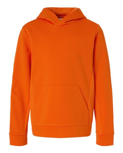 Sport Orange - Youth Squad Hooded Tech Fleece Pullover Team 365 Youth Squad Hooded Tech Fleece Pullover in Sport Orange, front view