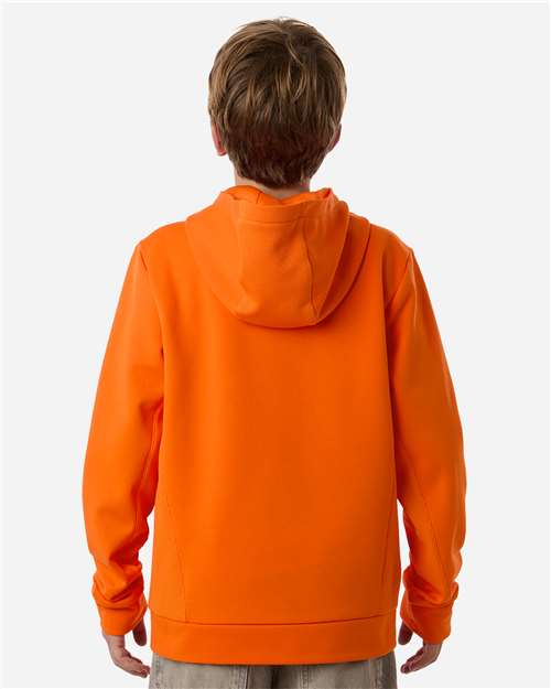 Sport Orange - Team 365 Squad Hooded Tech Fleece Pullover with Custom Logo Team 365 Youth Squad Hooded Tech Fleece Pullover in Sport Orange, back view on model