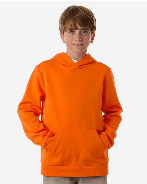 Sport Orange - Team 365 Squad Hooded Tech Fleece Pullover with Custom Logo Team 365 Youth Squad Hooded Tech Fleece Pullover in Sport Orange, front view on model