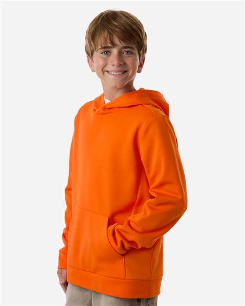 Sport Orange - Team 365 Squad Hooded Tech Fleece Pullover with Custom Logo Team 365 Youth Squad Hooded Tech Fleece Pullover in Sport Orange, side view on model