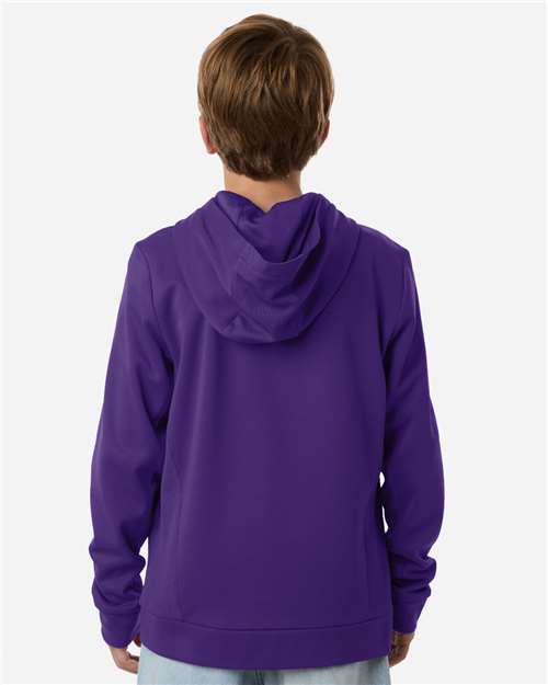 Sport Purple - Team 365 Squad Hooded Tech Fleece Pullover with Custom Logo Team 365 Youth Squad Hooded Tech Fleece Pullover in Sport Purple, back view on model