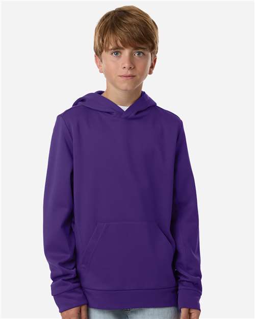 Sport Purple - Team 365 Squad Hooded Tech Fleece Pullover with Custom Logo Team 365 Youth Squad Hooded Tech Fleece Pullover in Sport Purple, front view on model