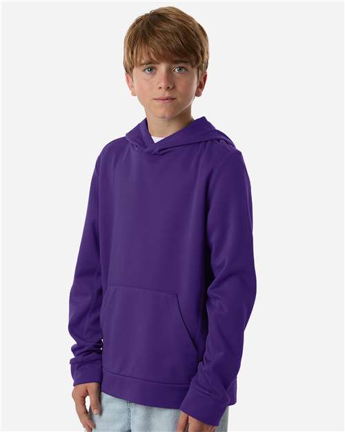 Sport Purple - Team 365 Squad Hooded Tech Fleece Pullover with Custom Logo Team 365 Youth Squad Hooded Tech Fleece Pullover in Sport Purple, side view on model