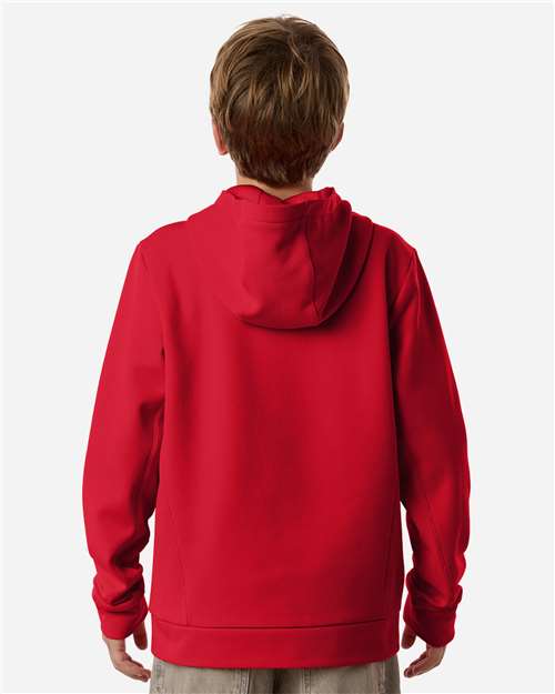 Sport Red - Team 365 Squad Hooded Tech Fleece Pullover with Custom Logo Team 365 Youth Squad Hooded Tech Fleece Pullover in Sport Red, back view on model