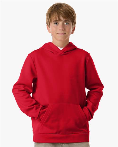Sport Red - Team 365 Squad Hooded Tech Fleece Pullover with Custom Logo Team 365 Youth Squad Hooded Tech Fleece Pullover in Sport Red, front view on model