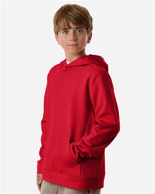 Sport Red - Team 365 Squad Hooded Tech Fleece Pullover with Custom Logo Team 365 Youth Squad Hooded Tech Fleece Pullover in Sport Red, side view on model