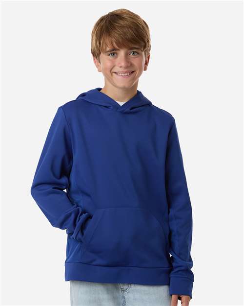 Sport Royal - Team 365 Squad Hooded Tech Fleece Pullover with Custom Logo Team 365 Youth Squad Hooded Tech Fleece Pullover in Sport Royal, front view on model