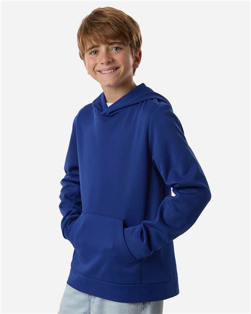 Sport Royal - Team 365 Squad Hooded Tech Fleece Pullover with Custom Logo Team 365 Youth Squad Hooded Tech Fleece Pullover in Sport Royal, side view on model