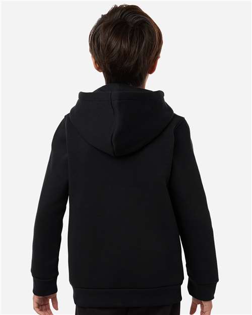 Black/ White - Under Armour 6014162 Youth Hoodie with Logo Embroidery Under Armour Youth Team Icon Fleece Hooded Sweatshirt in Black/White, back view on model