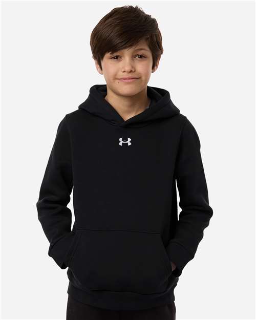 Black/ White - Under Armour 6014162 Youth Hoodie with Logo Embroidery Under Armour Youth Team Icon Fleece Hooded Sweatshirt in Black/White, front view on model