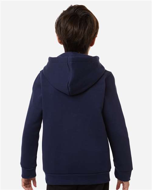 Midnight Navy/ White - Under Armour 6014162 Youth Hoodie with Logo Embroidery Under Armour Youth Team Icon Fleece Hooded Sweatshirt in Midnight Navy/White, back view on model