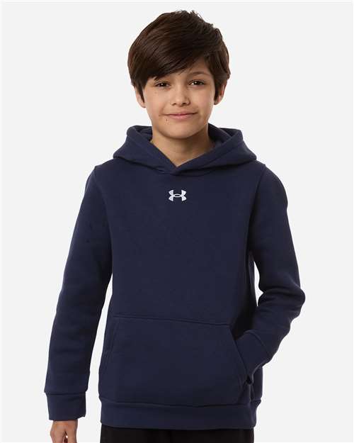 Midnight Navy/ White - Under Armour 6014162 Youth Hoodie with Logo Embroidery Under Armour Youth Team Icon Fleece Hooded Sweatshirt in Midnight Navy/White, front view on model