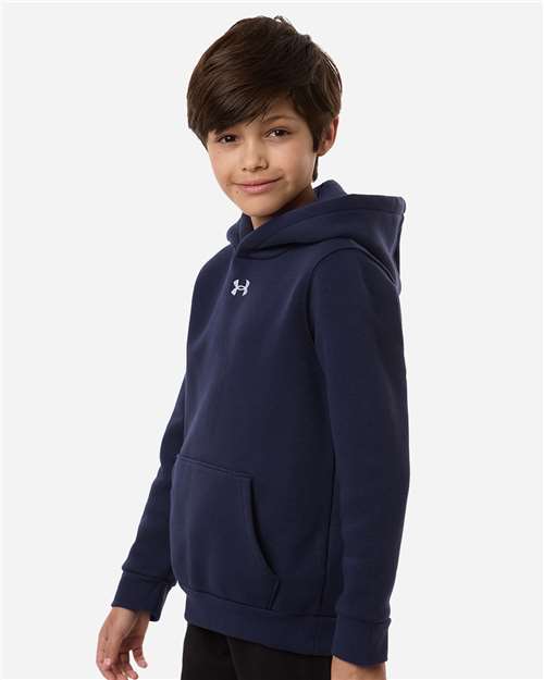 Midnight Navy/ White - Under Armour 6014162 Youth Hoodie with Logo Embroidery Under Armour Youth Team Icon Fleece Hooded Sweatshirt in Midnight Navy/White, side view on model