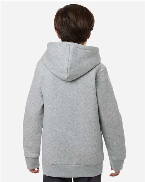 Mod Grey Light Heather/ White - Under Armour 6014162 Youth Hoodie with Logo Embroidery Under Armour Youth Team Icon Fleece Hooded Sweatshirt in Mod Grey Light Heather/White, back view on model