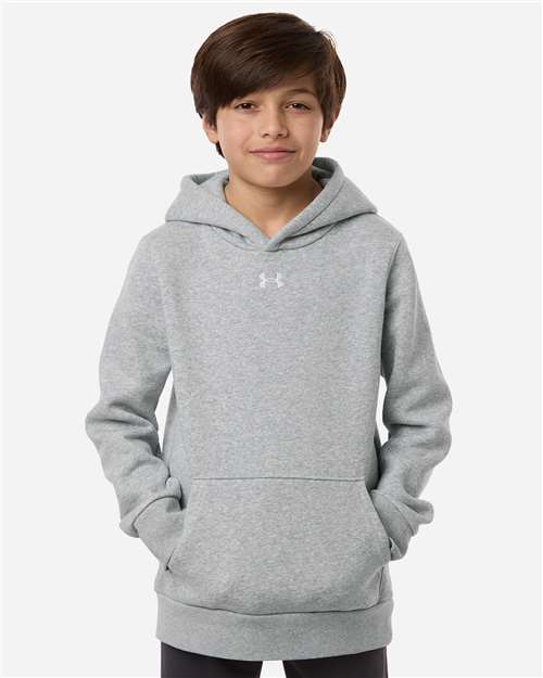 Mod Grey Light Heather/ White - Under Armour 6014162 Youth Hoodie with Logo Embroidery Under Armour Youth Team Icon Fleece Hooded Sweatshirt in Mod Grey Light Heather/White, front view on model