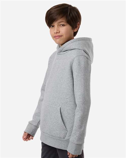 Mod Grey Light Heather/ White - Under Armour 6014162 Youth Hoodie with Logo Embroidery Under Armour Youth Team Icon Fleece Hooded Sweatshirt in Mod Grey Light Heather/White, side view on model