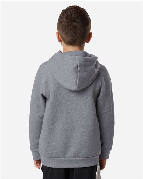 Pitch Grey Medium Heather/ White - Under Armour 6014162 Youth Hoodie with Logo Embroidery Under Armour Youth Team Icon Fleece Hooded Sweatshirt in Pitch Grey Medium Heather/White, back view on model