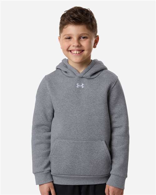 Pitch Grey Medium Heather/ White - Under Armour 6014162 Youth Hoodie with Logo Embroidery Under Armour Youth Team Icon Fleece Hooded Sweatshirt in Pitch Grey Medium Heather/White, front view on model