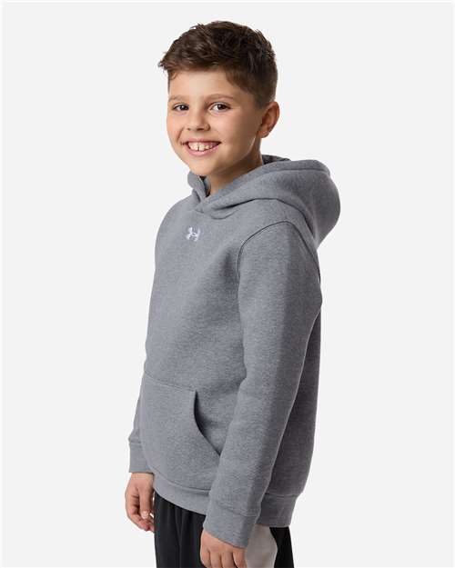 Pitch Grey Medium Heather/ White - Under Armour 6014162 Youth Hoodie with Logo Embroidery Under Armour Youth Team Icon Fleece Hooded Sweatshirt in Pitch Grey Medium Heather/White, side view on model