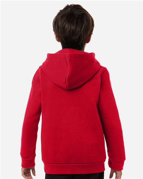 Red/ White - Under Armour 6014162 Youth Hoodie with Logo Embroidery Under Armour Youth Team Icon Fleece Hooded Sweatshirt in Red/White, back view on model