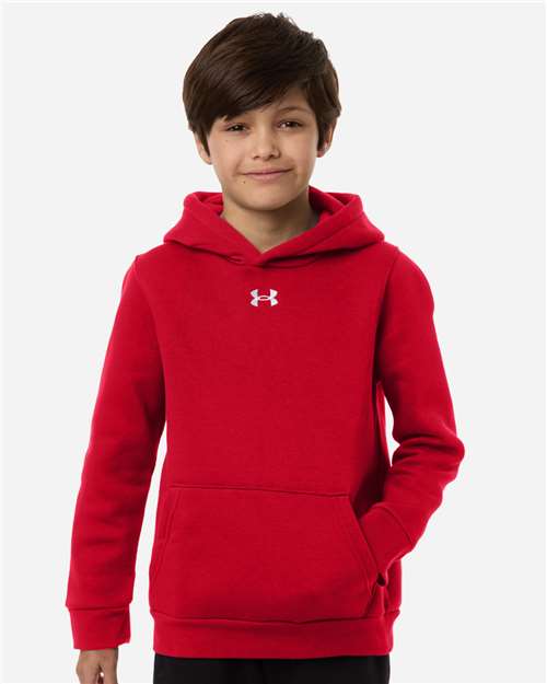 Red/ White - Under Armour 6014162 Youth Hoodie with Logo Embroidery Under Armour Youth Team Icon Fleece Hooded Sweatshirt in Red/White, front view on model