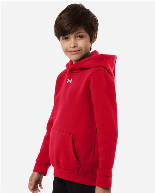 Red/ White - Under Armour 6014162 Youth Hoodie with Logo Embroidery Under Armour Youth Team Icon Fleece Hooded Sweatshirt in Red/White, side view on model