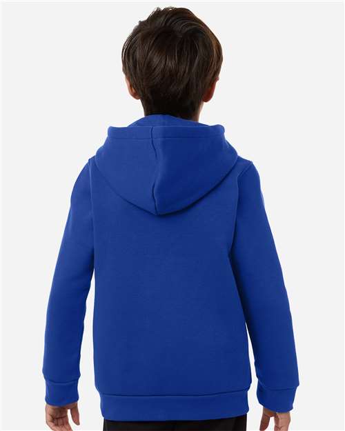 Royal/ White - Under Armour 6014162 Youth Hoodie with Logo Embroidery Under Armour Youth Team Icon Fleece Hooded Sweatshirt in Royal/White, back view on model