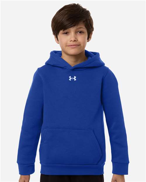 Royal/ White - Under Armour 6014162 Youth Hoodie with Logo Embroidery Under Armour Youth Team Icon Fleece Hooded Sweatshirt in Royal/White, front view on model