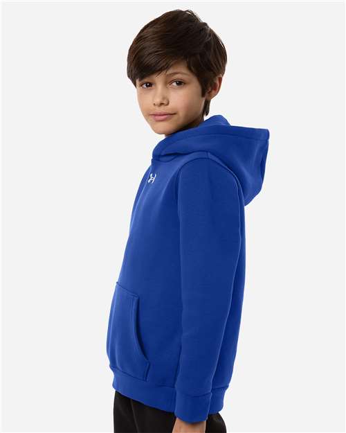 Royal/ White - Under Armour 6014162 Youth Hoodie with Logo Embroidery Under Armour Youth Team Icon Fleece Hooded Sweatshirt in Royal/White, side view on model