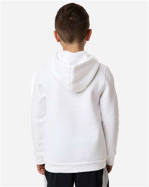 White/ Pitch Grey Medium Heather - Under Armour 6014162 Youth Hoodie with Logo Embroidery Under Armour Youth Team Icon Fleece Hooded Sweatshirt in White/Pitch Grey Medium Heather, back view on model