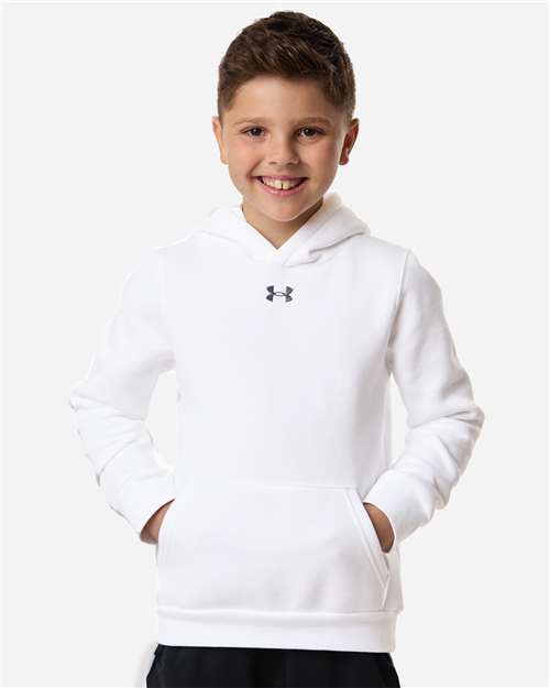 White/ Pitch Grey Medium Heather - Under Armour 6014162 Youth Hoodie with Logo Embroidery Under Armour Youth Team Icon Fleece Hooded Sweatshirt in White/Pitch Grey Medium Heather, front view on model