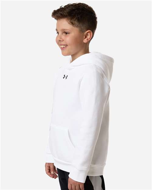White/ Pitch Grey Medium Heather - Under Armour 6014162 Youth Hoodie with Logo Embroidery Under Armour Youth Team Icon Fleece Hooded Sweatshirt in White/Pitch Grey Medium Heather, side view on model
