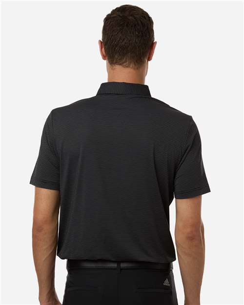 Carbon/ Black - Adidas A2026 Polo with Custom Company Logo Embroidery Adidas Men's Ultimate365 Pencil Stripe Climacool Polo in Carbon/Black, back view on model