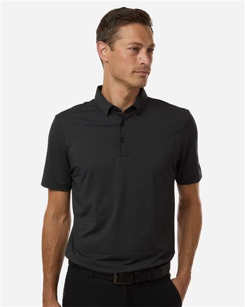 Carbon/ Black - Adidas A2026 Polo with Custom Company Logo Embroidery Adidas Men's Ultimate365 Pencil Stripe Climacool Polo in Carbon/Black, front view on model