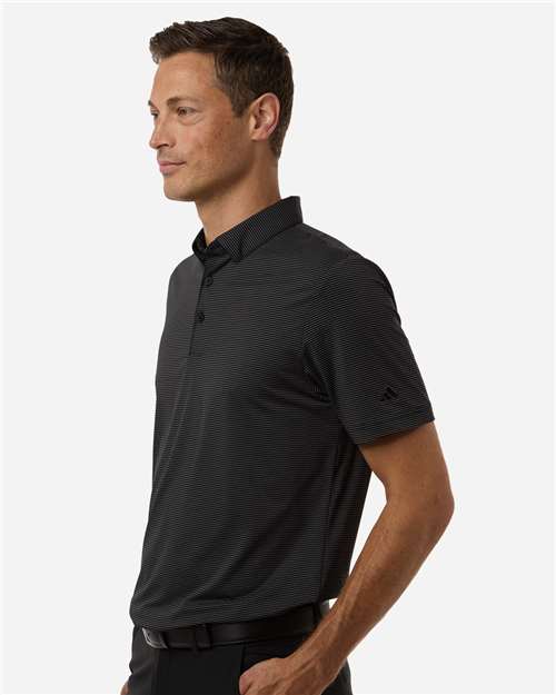 Carbon/ Black - Adidas A2026 Polo with Custom Company Logo Embroidery Adidas Men's Ultimate365 Pencil Stripe Climacool Polo in Carbon/Black, side view on model