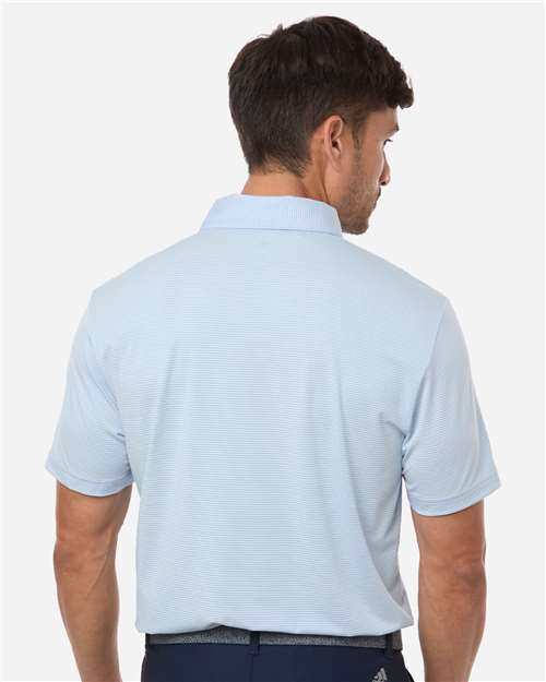 Crystal Sky/ Lucid Ray Blue - Adidas A2026 Polo with Custom Company Logo Embroidery Adidas Men's Ultimate365 Pencil Stripe Climacool Polo in Crystal Sky/Lucid Ray Blue, back view on model