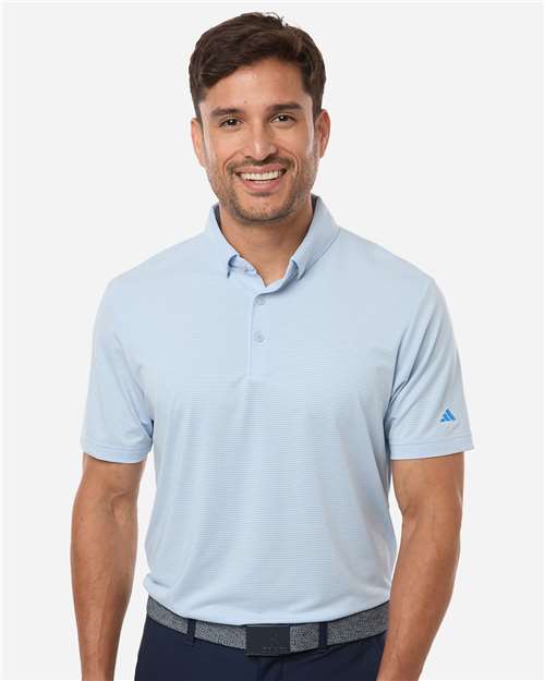 Crystal Sky/ Lucid Ray Blue - Adidas A2026 Polo with Custom Company Logo Embroidery Adidas Men's Ultimate365 Pencil Stripe Climacool Polo in Crystal Sky/Lucid Ray Blue, front view on model