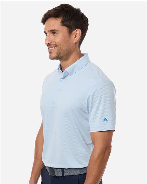 Crystal Sky/ Lucid Ray Blue - Adidas A2026 Polo with Custom Company Logo Embroidery Adidas Men's Ultimate365 Pencil Stripe Climacool Polo in Crystal Sky/Lucid Ray Blue, side view on model