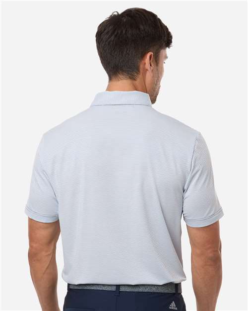 White/ Collegiate Navy - Adidas A2026 Polo with Custom Company Logo Embroidery Adidas Men's Ultimate365 Pencil Stripe Climacool Polo in White/Collegiate Navy, back view on model