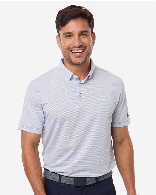 White/ Collegiate Navy - Adidas A2026 Polo with Custom Company Logo Embroidery Adidas Men's Ultimate365 Pencil Stripe Climacool Polo in White/Collegiate Navy, front view on model