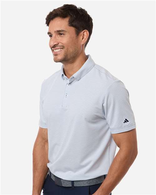White/ Collegiate Navy - Adidas A2026 Polo with Custom Company Logo Embroidery Adidas Men's Ultimate365 Pencil Stripe Climacool Polo in White/Collegiate Navy, side view on model