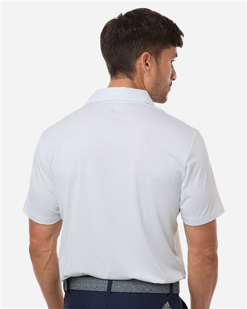 White/ Wonder Sage - Adidas A2026 Polo with Custom Company Logo Embroidery Adidas Men's Ultimate365 Pencil Stripe Climacool Polo in White/Wonder Sage, back view on model
