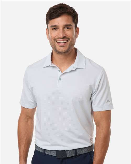 White/ Wonder Sage - Adidas A2026 Polo with Custom Company Logo Embroidery Adidas Men's Ultimate365 Pencil Stripe Climacool Polo in White/Wonder Sage, front view on model