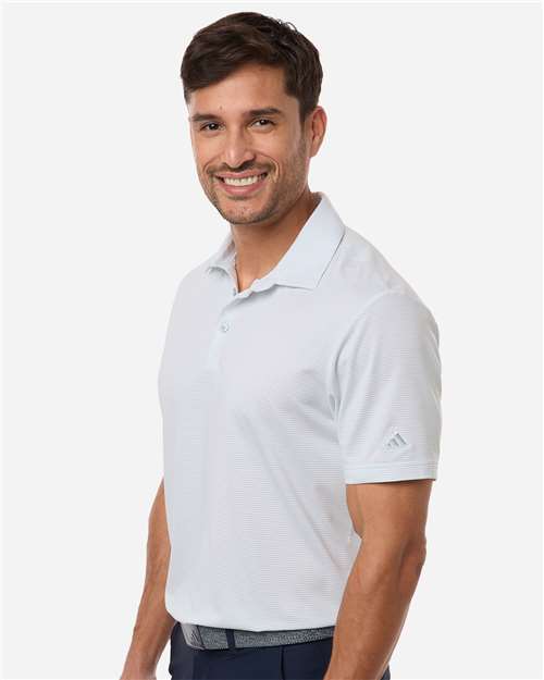 White/ Wonder Sage - Adidas A2026 Polo with Custom Company Logo Embroidery Adidas Men's Ultimate365 Pencil Stripe Climacool Polo in White/Wonder Sage, side view on model