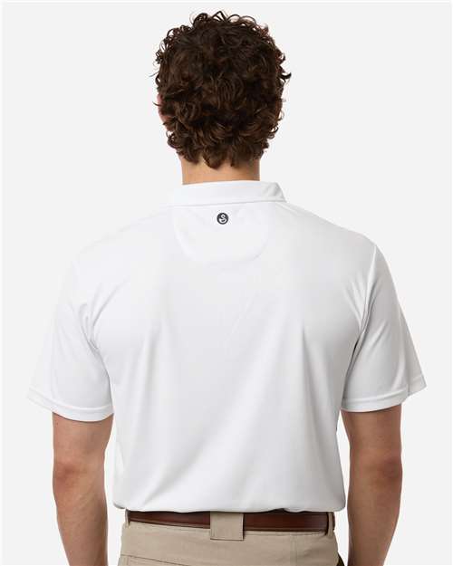 White - Swannies SW5100 Polo with Custom Company Logo Embroidery Swannies Men's Ehrman Polo in White, back view on model
