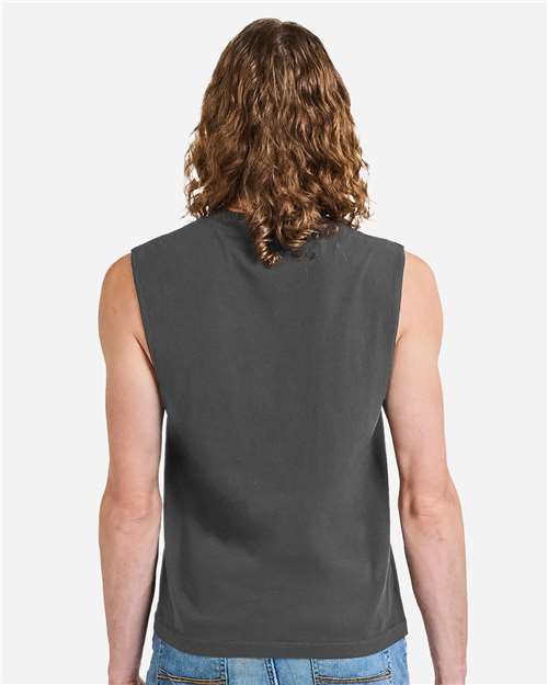 Faded Black - American Apparel 207GD Boxy Muscle Tee with Custom Print American Apparel Unisex Heavyweight Cotton Garment-Dyed Boxy Muscle Tee in Faded Black, back view on model